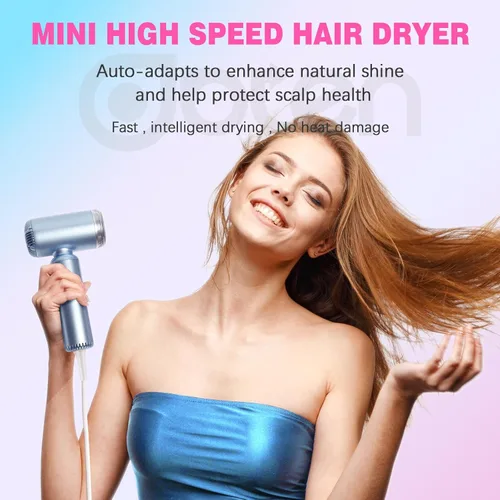 Miniatura 6 de Mini secador de pelo, secadora de alta velocidad con motor sin escobillas de 110,000 RPM, difusor magnético, tecnología iónica negativa para secado