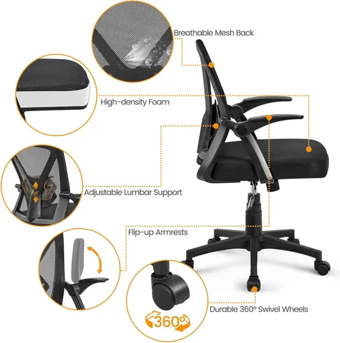 Miniatura 9 de Yaheetech Silla de oficina en casa, silla de escritorio de trabajo, silla giratoria de malla para computadora con brazos abatibles, altura Negro