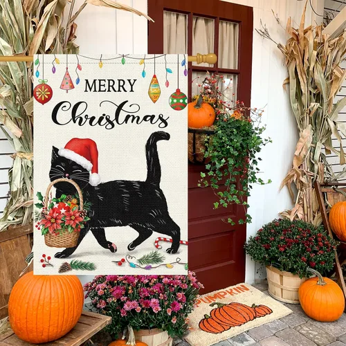 Miniatura 2 de Louise Maelys Bandera de jardín de gato negro de 28 x 40 pulgadas, doble cara, arpillera de bienvenida de invierno, Navidad, flores, grandes