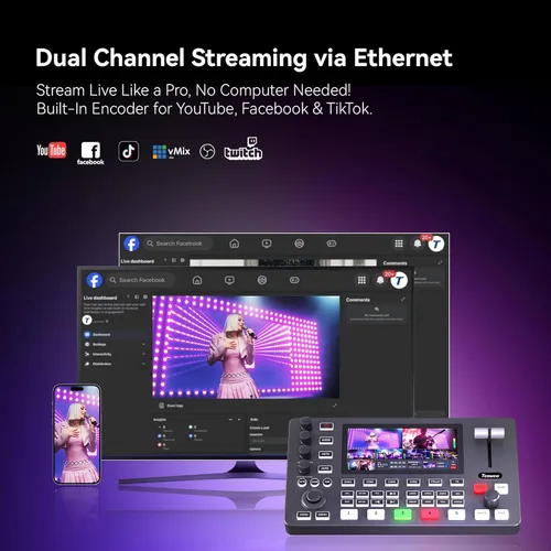 Miniatura 3 de Tenveo Conmutador Mezclador de Video HDMI 4K60FPS, 4*SDI & 4*HDMI Entrada, Conmutador de Transmisión en Vivo de 5 Canales, Pantalla FHD de 5.5
