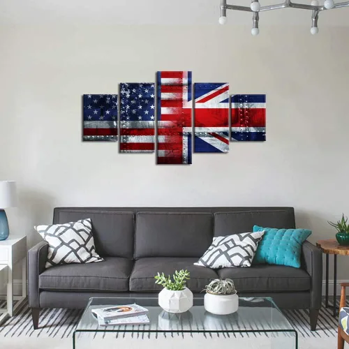 Miniatura 2 de Arte de pared de concepto patriótico, pintura de bandera estadounidense y británica, lienzo de estrellas y rayas, 5 paneles, arte moderno americano
