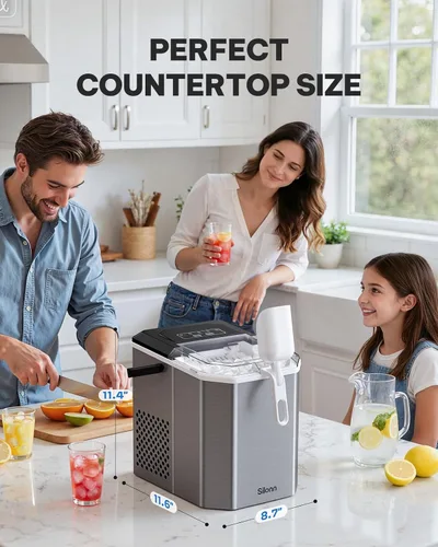 Miniatura 2 de Silonn - máquina de hielo para encimera, máquina de hielo portátil de acero inoxidable con asa de transporte, máquinas de hielo autolimpiables