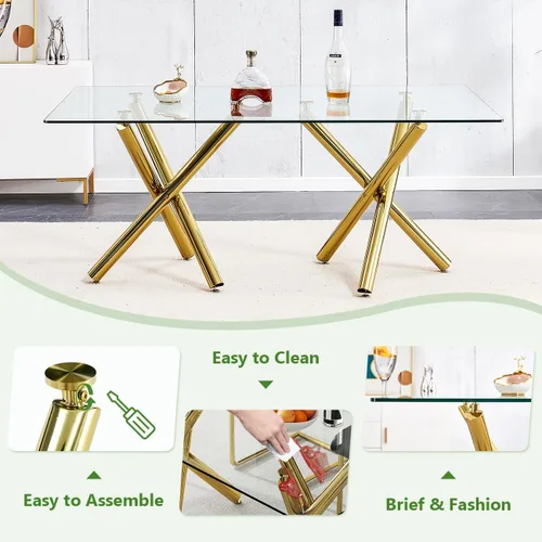 Miniatura 5 de Ebullient Moderno juego de mesa de comedor para 6, mesa de comedor de cristal de 71 pulgadas y patas de mesa de metal dorado, mesas de comedor
