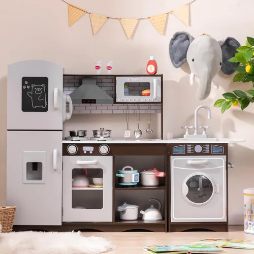 Costzon Juego de Cocina para Niños, Juego de Juguete Modular de Madera de Simulación de 2 Piezas con Sonidos y Luces, Lavadora, Campana Extractora,