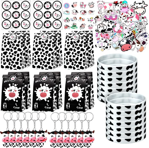 104 piezas de recuerdos de fiesta de vaca incluyen lindas pulseras de silicona de vaca llavero, bolsas de regalo de fiesta, calcomanías impermeables