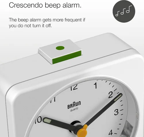 Miniatura 3 de Braun Reloj despertador analógico clásico con repetición y luz, movimiento de barrido de cuarzo silencioso, alarma de pitido Crescendo en blanco