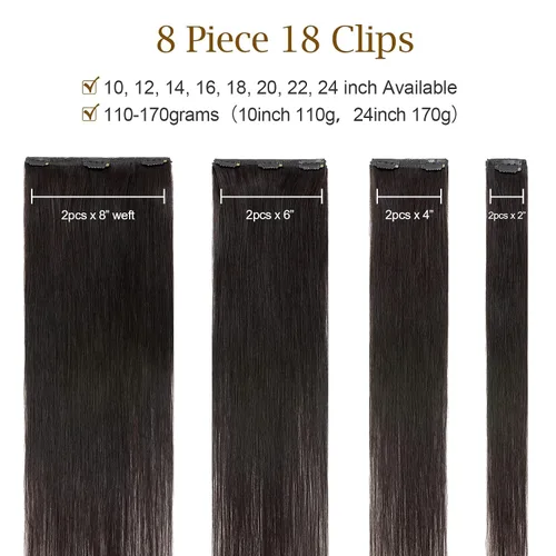 Miniatura 5 de 10 –22 pulgadas doble trama extensiones de cabello 100% humano clip en de trama Grado 7 a calidad Grueso Largo Suave Sedoso recta 8pcs 18 Clips