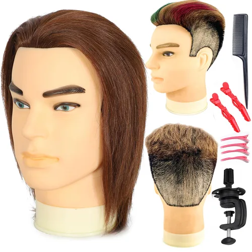 Miniatura 10 de Cabeza de maniquí masculino con barba, 100% cabello humano real, corte de pelo, cabeza de entrenamiento para cosmetología, cabello liso y grueso