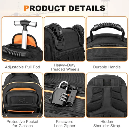 Miniatura 7 de Mochila de herramientas con ruedas, mochila de herramientas rodante para electricistas, bolsa de herramientas resistente con rueda para trabajo