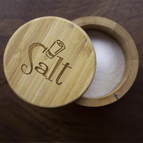 Miniatura 2 de Totally Bamboo Salero de almacenamiento de bambú con tapa giratoria magnética, grabado con sal en la tapa, capacidad de 6 onzas Grabado "Salt Shaker