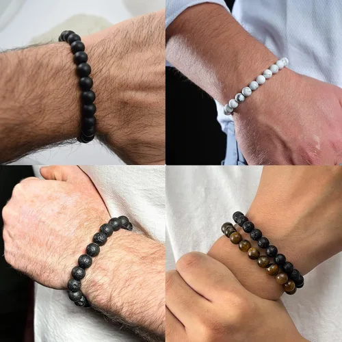 Miniatura 4 de SAMOCO 12 piezas de pulseras de ojo de tigre para hombres, piedra natural, cuentas de 8 mm, juego de pulseras elásticas ajustables de roca de lava