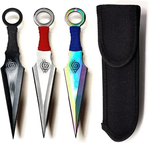 Juego de 3 cuchillas lanzadoras Kunai de acero de anime japonés ninja, 6-1/2 pulgadas en total para recreación (estilo de hojas mixtas)