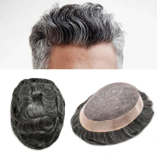 Miniatura 58 de Tupé para hombre, pieza de cabello humano real, monofilamento, tupé para hombres, postizos, unidades de sistema de reemplazo de cabello, gris
