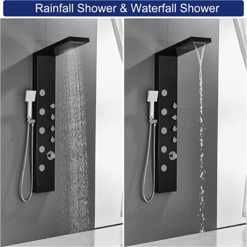 Miniatura 8 de ROVATE Sistema de panel de ducha tipo cascada, torre de ducha de acero inoxidable 304 con 5 chorros de masaje de cuerpo de lluvia y 3