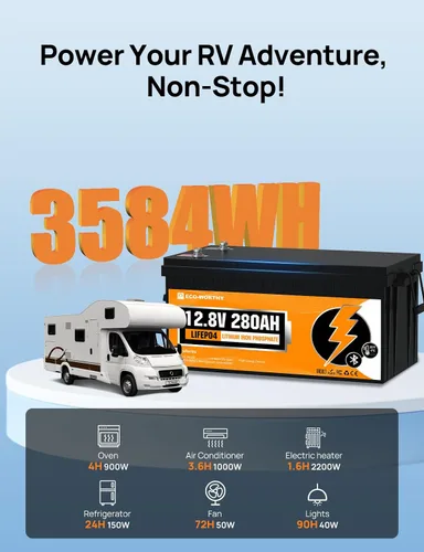 Miniatura 4 de ECO-WORTHY Batería LiFePO4 de 3584 Wh, 12 V, 280 Ah con Bluetooth y corte de baja temperatura, BMS integrado de 200 A, ciclo profundo para cámper