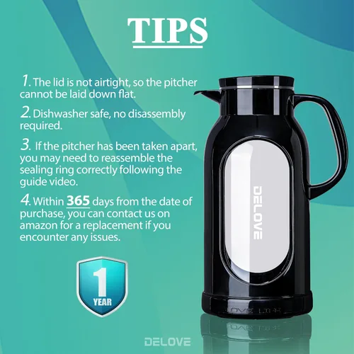 Miniatura 6 de Delove Jarra de vidrio de 68 oz/2 litros con carcasa a prueba de roturas - Forro de vidrio resistente al calor - Tapa de acero inoxidable - Jarra