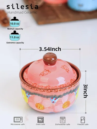 Miniatura 4 de Silesia Tazón de Azúcar Hecho a Mano con Tapa y Cuchara, Tarro de Azúcar de Cerámica Pintado a Mano de 10 Onzas para Cocina en Caja de Regalo, Rosa
