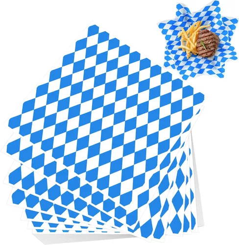 PLULON 100 Hojas de revestimiento para canasta de alimentos Oktoberfest 30,4 in × 30,4 in papel de cera azul y blanco a cuadros, hojas de papel deli