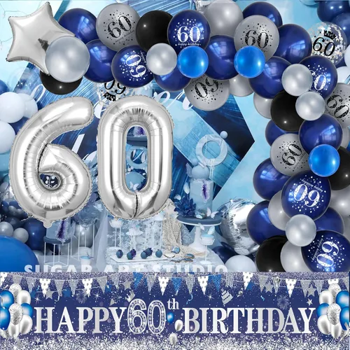Miniatura 3 de Decoraciones de fiesta de cumpleaños 60, azul marino, plateado, pancarta de feliz cumpleaños 60 con 61 globos de látex, globos de aluminio