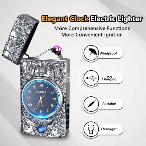 Miniatura 3 de Encendedor eléctrico con plasma de doble arco y pantalla de batería, modelo actualizado con reloj y linterna, regalo único para hombres y mujeres