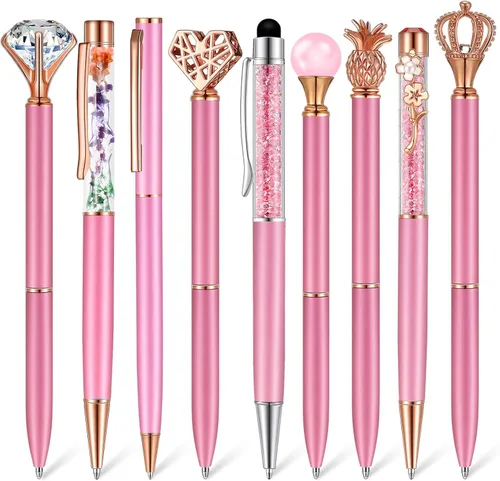 Miniatura 10 de Janmini Juego de 9 bolígrafos de punta de bola de metal con diamantes de cristal y purpurina para diario, tinta negra, cosas bonitas y lindas