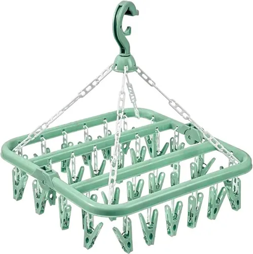 Percha para secar ropa con 32 pinzas y percha plegable para colgar (Verde Claro)