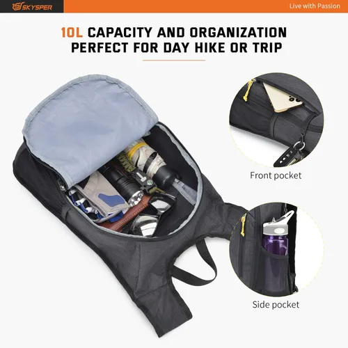 Miniatura 3 de SKYSPER Mochila pequeña de senderismo de 10 litros, mochila de viaje ligera y plegable para mujeres y hombres Negro