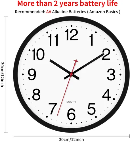 Miniatura 3 de Foxtop 2 Pack Reloj de pared negro de 12 pulgadas, silencioso, sin tictac, de cuarzo, funciona con pilas, analógico, redondo, para aula, escuela
