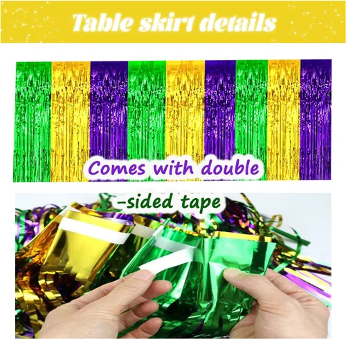 Miniatura 4 de LabZhang Paquete de 2 faldas de mesa con flecos metálicos de Mardi Gras de 29.5 x 72 pulgadas, faldas de mesa de fiesta de Mardi Gras, decoración