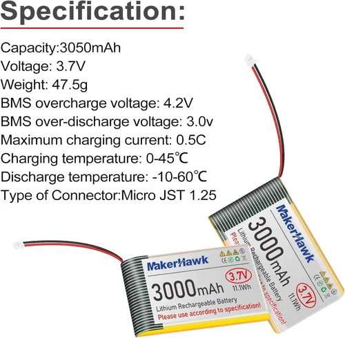 Miniatura 2 de MakerHawk Batería LiPo de 3.7 V 3000 mAh recargable de polímero de litio 1S con placa de protección con cinta de goma aislada, enchufe micro JST