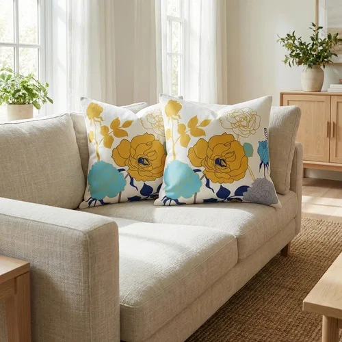 Miniatura 6 de Juego de 2 fundas de almohada de lino y algodón para sofá, 7.1 x 7.1 pulgadas, serie de pájaros y flores, mezcla de algodón, Amarillo y agua
