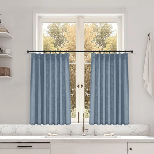 Miniatura 100 de Juego de 2 paneles de cortinas de ventana de cocina beige de 24 pulgadas de largo, con textura de lino, plisadas, filtrantes de luz, semi pequeñas