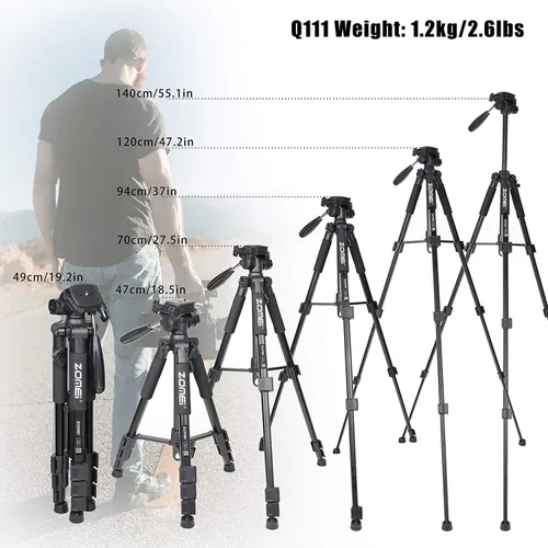 Miniatura 5 de Trípode para cámara de 55 pulgadas Q111 con soporte para teléfono, trípode para celular portátil y ligero para Canon Nikon Sony DSLR, proyector