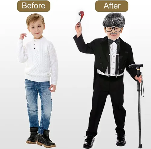 Miniatura 2 de Yaliuliu Disfraz de peluca de anciano para niños, disfraz de 100 días de escuela con vibraciones de abuelo, completo con tirantes, bastón, gafas