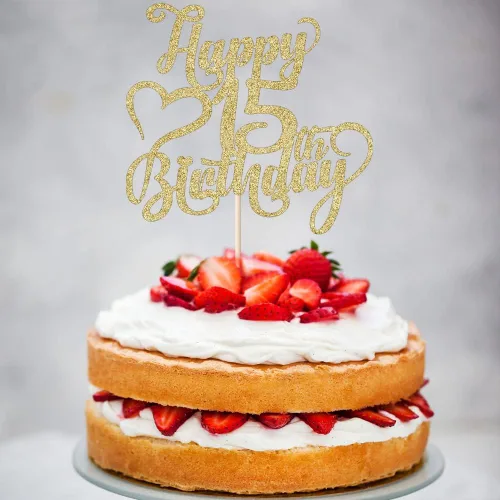 Miniatura 9 de Decoración para tarta de cumpleaños número 15 con purpurina dorada – 15 aniversario/cumpleaños – Hello 15, Cheers to 15 años, 15 & Fabulous Cake