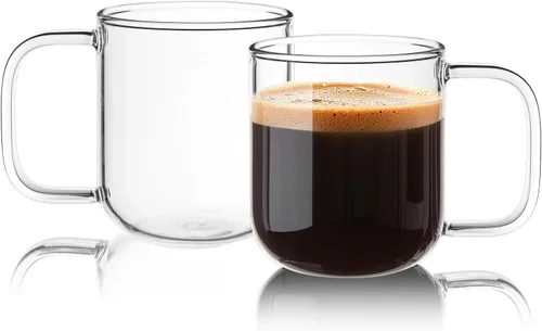 Tazas de café de vidrio, tazas de café helado de 8 onzas, juego de 2 tazas de té transparentes, tazas de vidrio con asas, tazas de vidrio para café