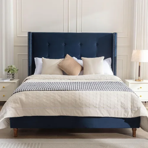 Miniatura 12 de Base de cama tapizada tamaño Queen, cabecera acolchada de 54" con respaldo geométrico, plataforma tapizada para dormitorio de niños, adolescentes