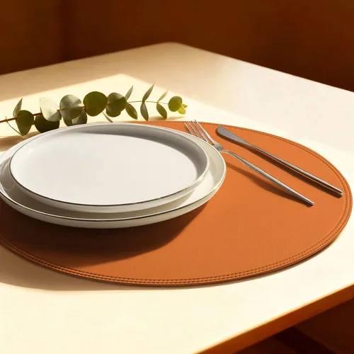 Miniatura 15 de Round Vinyl Beige Placemats Set of 6, Faux Leather Waterproof Wipeable Heat Resistant Place Mats, Washable Table Mats for Halloween, Thanksgiving &