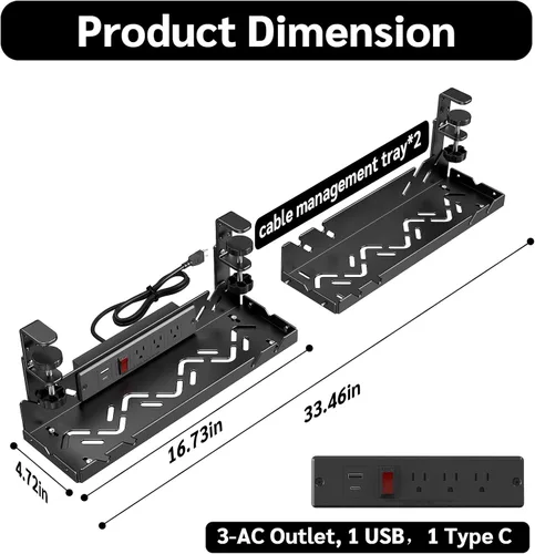 Miniatura 2 de Bandeja extendida de metal para organizar cables debajo del escritorio con toma de corriente, organizador de cables sin taladrar con abrazadera