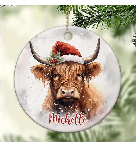 Hyturtle Regalos de Adornos de Navidad Personalizados para Amantes de Vacas Highland - Adorno de Cerámica Navideño de Vaca Highland con Nombre