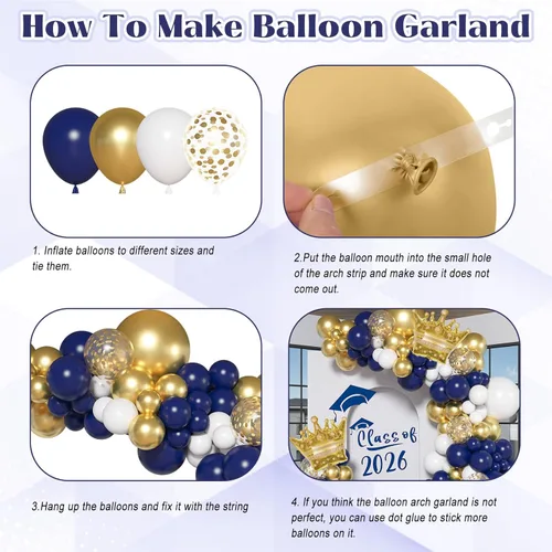 Miniatura 7 de Ouddy Life Kit de arco de guirnalda de globos azul marino y dorado, decoraciones de graduación de 2026, globos de confeti dorado y blanco, corona