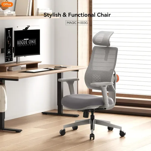 Miniatura 7 de Newtral Silla de oficina con soporte lumbar, silla de escritorio ergonómica de respaldo alto con reposacabezas ajustable, reposabrazos 3D, Gris