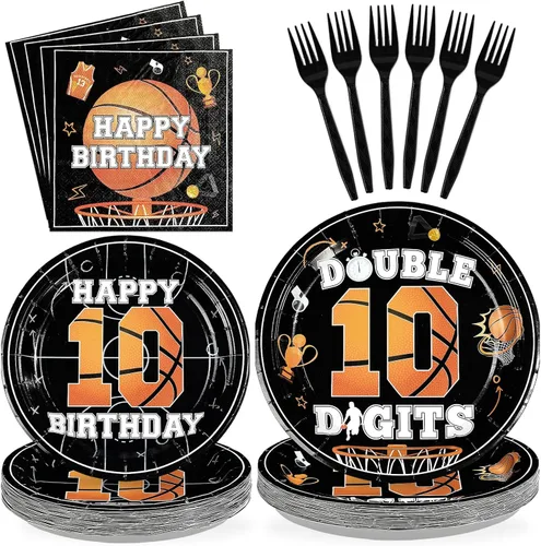 96 piezas de suministros para fiesta de cumpleaños de 10 años, platos y servilletas desechables de baloncesto y deportes, juego de vajilla para