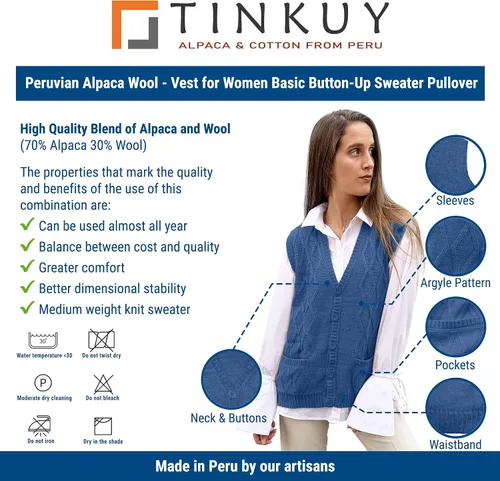 Miniatura 5 de TINKUY Peru - Chaleco tipo cárdigan de lana de alpaca con cuello en V para mujer, talla S-4XL