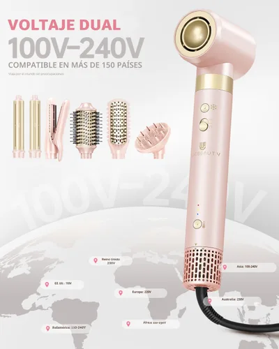 Miniatura 3 de Cepillo secador de pelo, estilizador de aire caliente de doble voltaje 8 en 1, secado rápido, 110,000 rpm, secador iónico con accesorios alisadores
