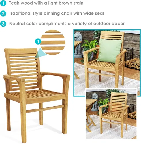Miniatura 4 de Sunnydaze Silla de comedor de teca maciza para exteriores, silla de patio con listones de madera duradera con brazos para patio trasero, terraza