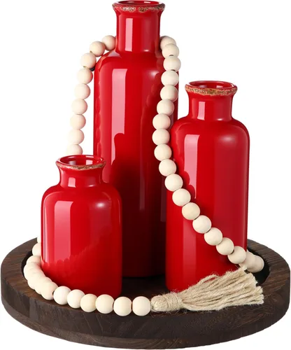 Miniatura 11 de Juego de 5 piezas de centros de mesa rústicos de mesa, juego de 3 jarrones de cerámica boho con bandeja de madera para servir cuentas de madera