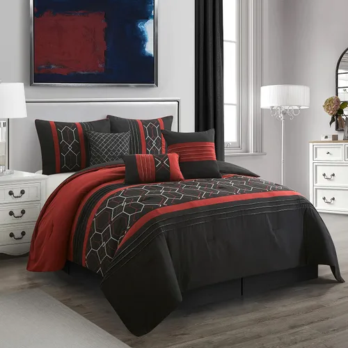 Miniatura 20 de Grand Avenue Juegos de cama con diseño geométrico negro/rojo, tamaño Queen con edredón, 7 piezas, funda de almohada, falda de cama, almohada