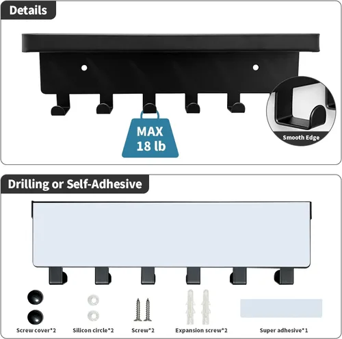 Miniatura 3 de GTK Soporte para llaves de pared con bandeja y 6 ganchos, soporte para llaves montado en la pared para pasillo, estante para llaves con estante