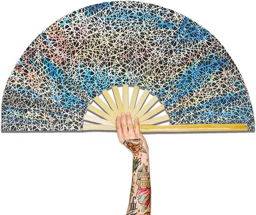 Miniatura 2 de Ventilador de mano plegable de bambú holográfico con funda para hombresmujeres, ventilador de mano para EDM, festival de música, club, extraño